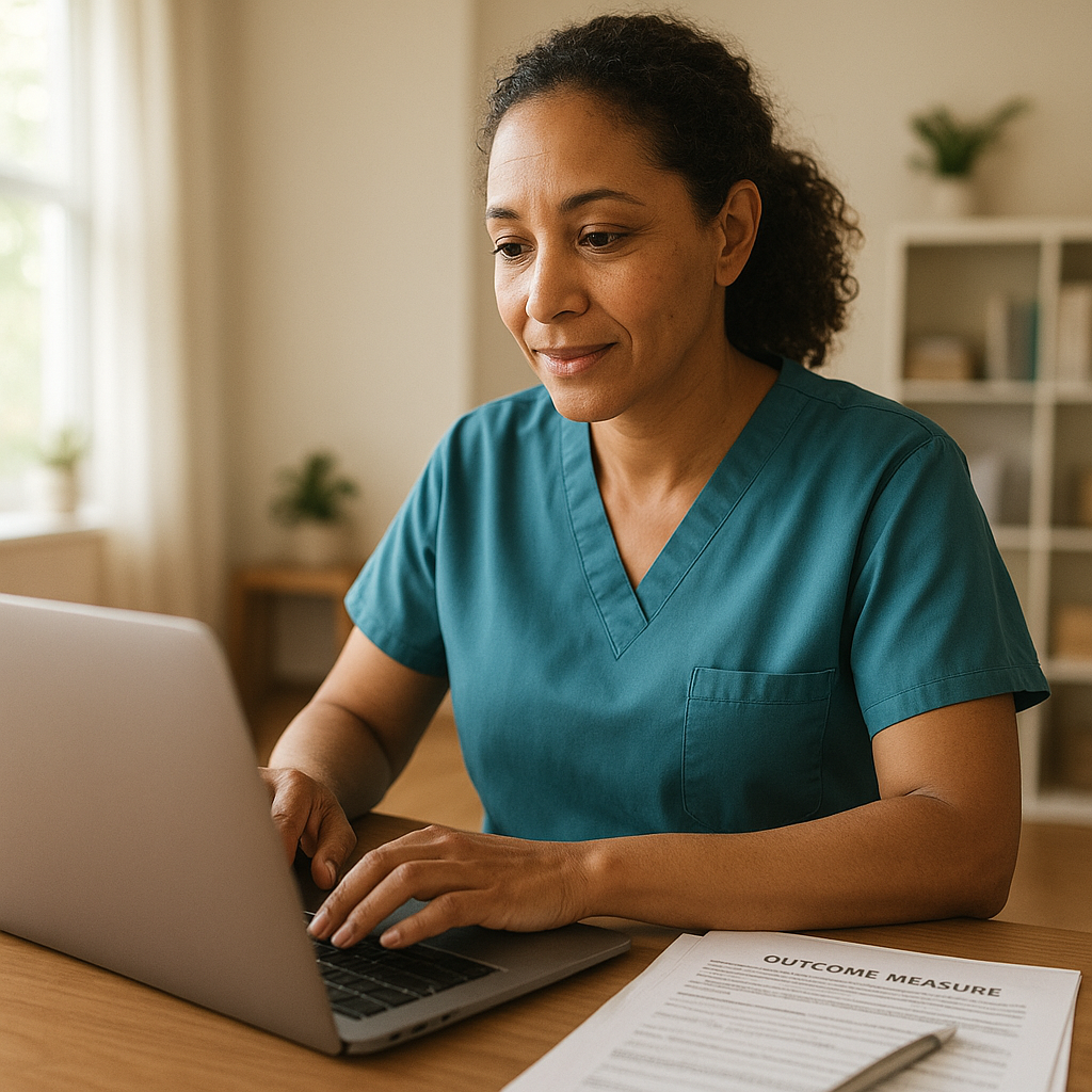 A realistic, high-detail photograph of a diverse massage clinician in a bright clinic office, sitting at a desk with a l