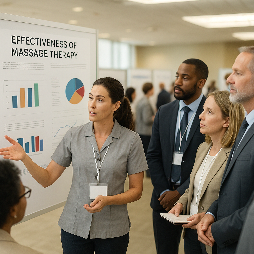 A realistic, high-detail image of a massage therapist presenting a research poster at a small professional conference, d