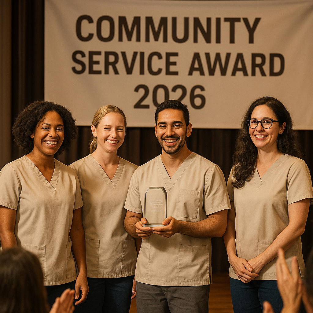 High-resolution photo-style image of a community service award ceremony in 2026: a diverse group of massage therapy prac