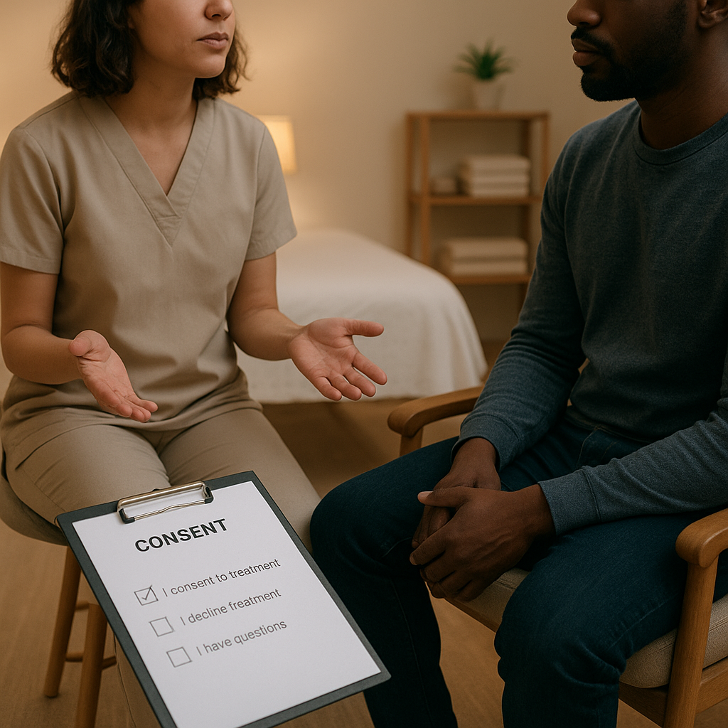 A calm clinical treatment room showing a massage therapist practicing trauma-informed care with a diverse adult client s