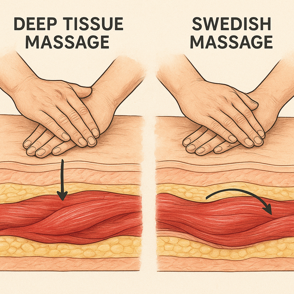 A detailed illustration showing the differences between Deep Tissue and Swedish Massage, highlighting muscle layers and