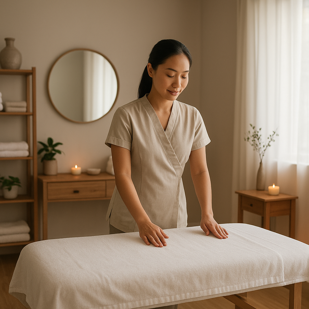 A serene image of a professional massage studio with a therapist preparing for a session