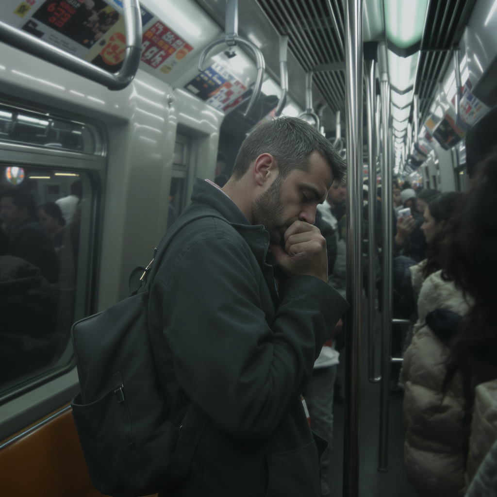 A tired urban professional standing in a crowded subway car during rush hour, holding a laptop bag over one shoulder