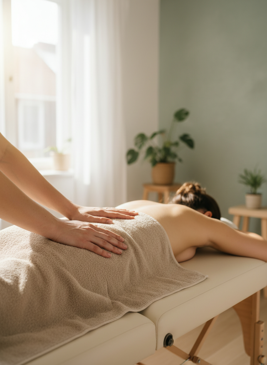 Massageterapeutens händer vilar på en handduksklädd rygg i ljust fönsterljus under en sportmassage