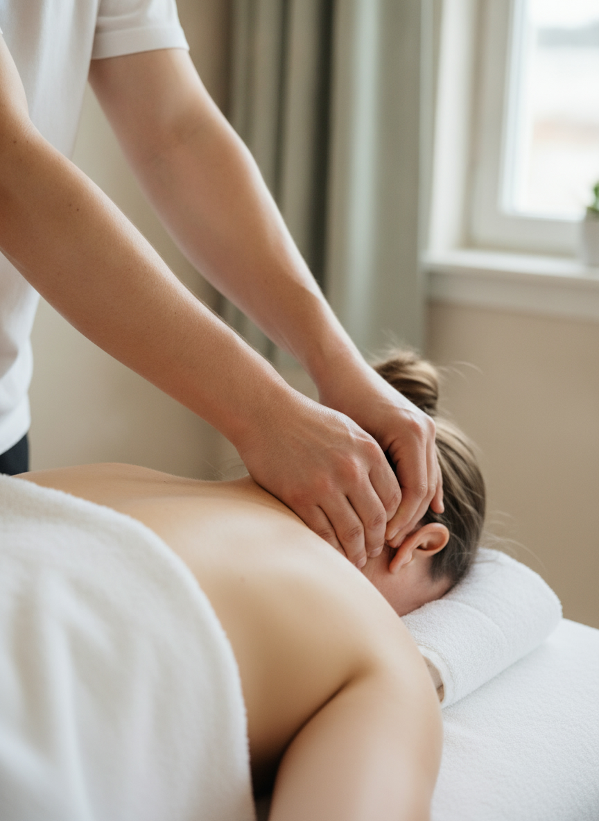 Terapeutens händer masserar nacken och övre trapezius på en klient som ligger på magen under sportmassage