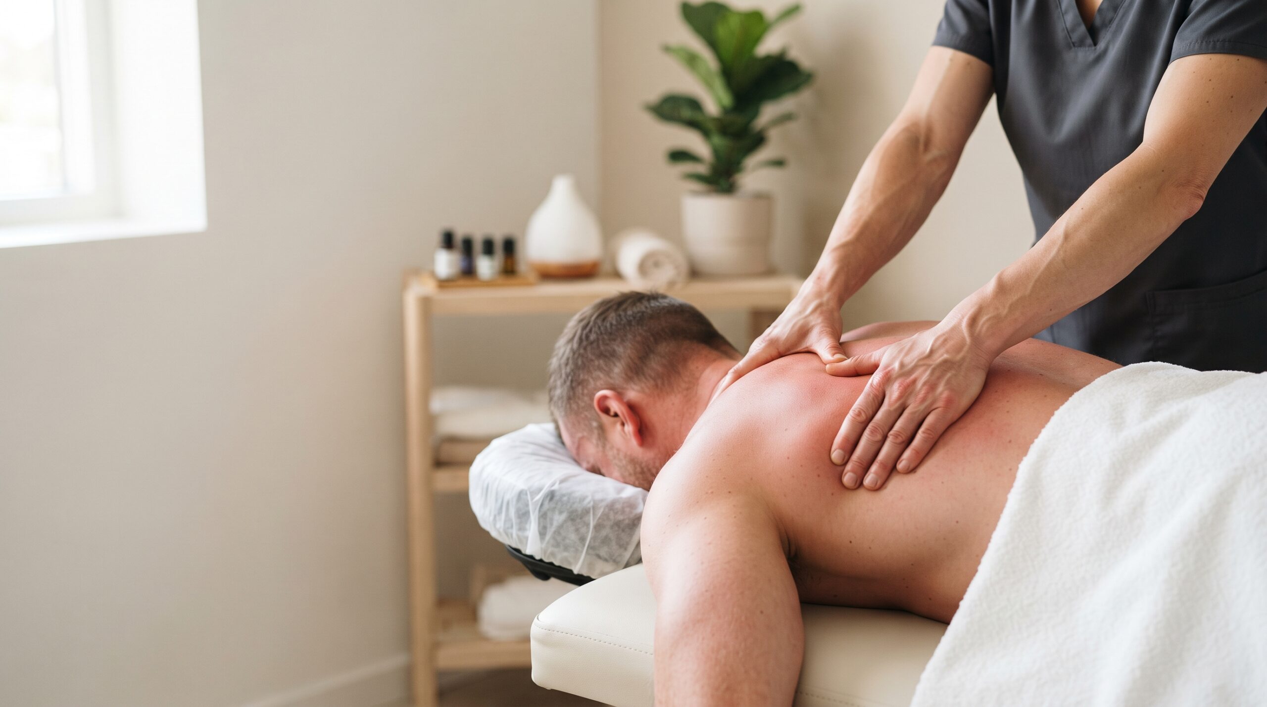 Massageterapeut ger sportmassage på övre rygg och axlar till en man som ligger på magen på en massagebänk