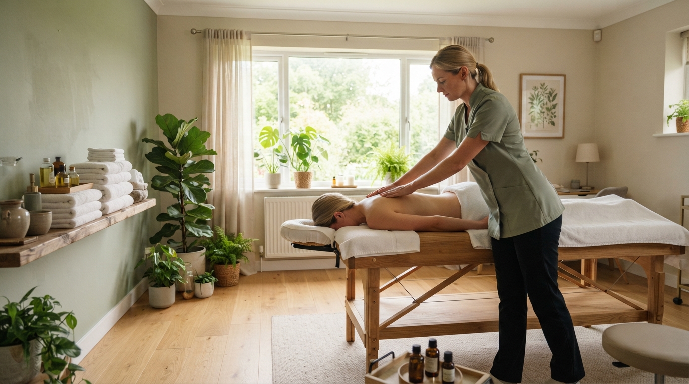Ljust behandlingsrum med stort fönster och gröna växter där en kvinnlig massör ger ryggmassage till en kund på en massagebänk