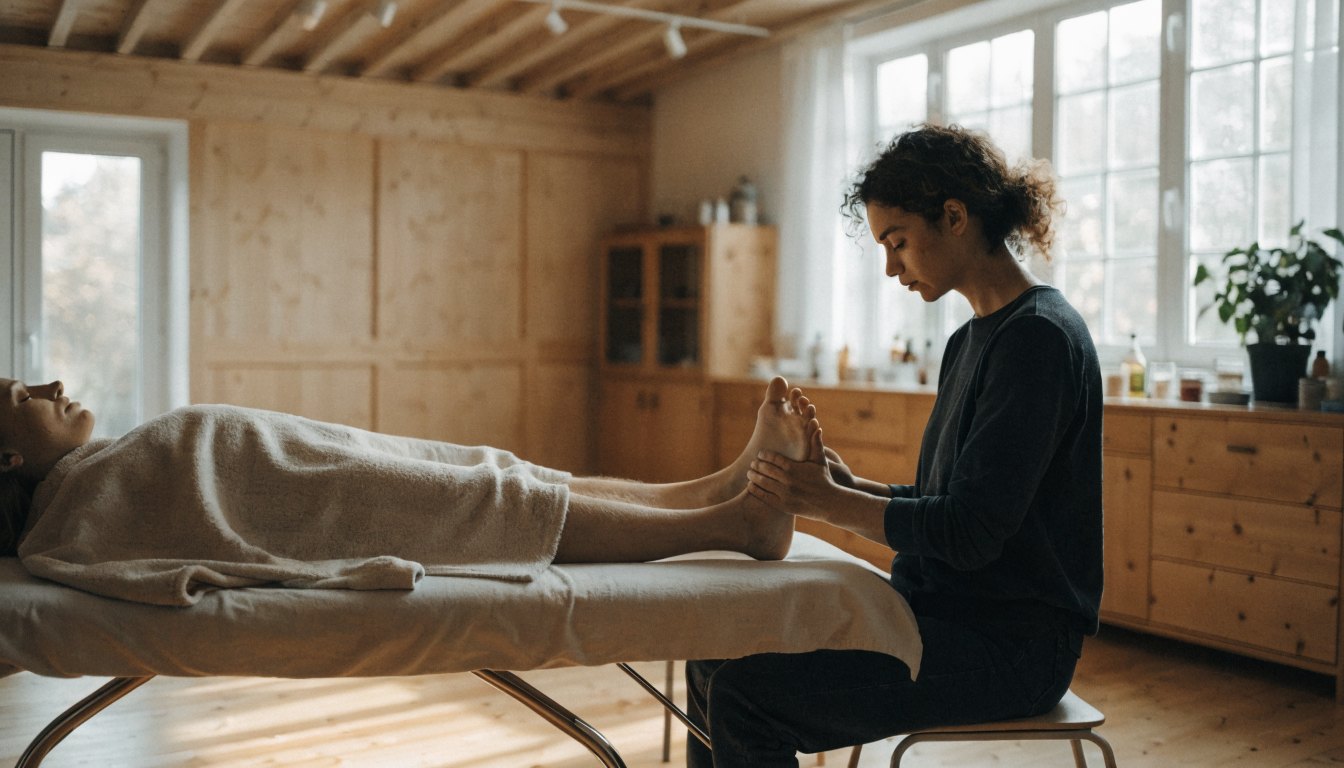 Behandlare trycker på fotsulan under zonterapi, sett från sidan