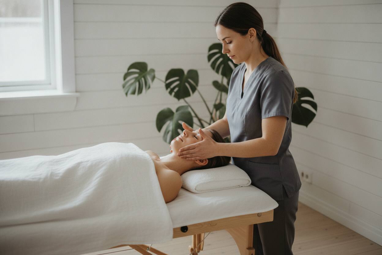 Massör i grå arbetskläder ger ansiktsmassage med händerna på tinning och kind på en kund som ligger på rygg på britsen