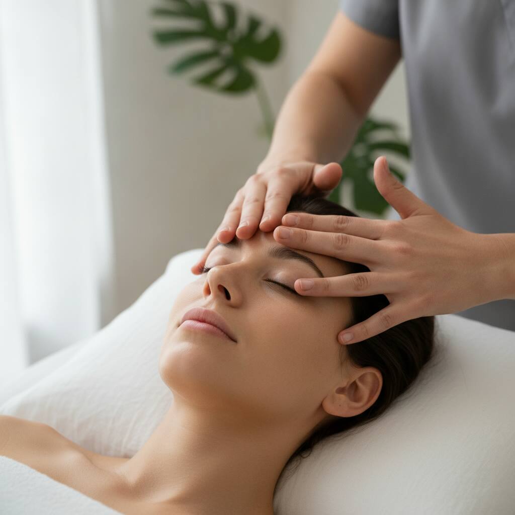 Närbild på massörens fingertoppar som masserar panna och tinningar under en ansiktsmassage, kunden blundar avslappnat