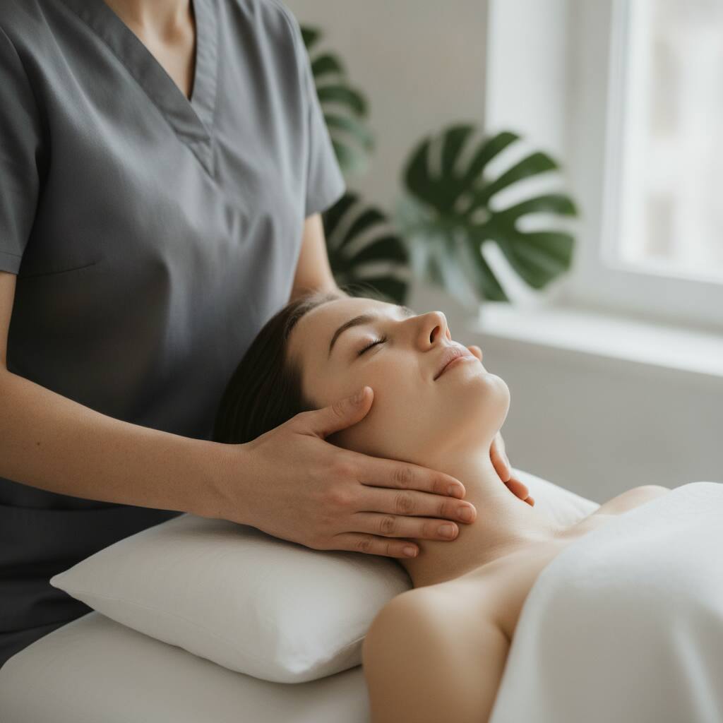 Massör masserar nacke och käklinje på en avslappnad kund som ligger på rygg med slutna ögon under ansiktsmassage