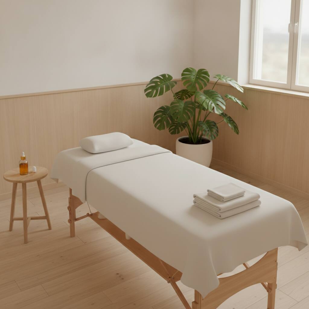 Ljust behandlingsrum inför ansiktsmassage med brits i vitt lakan, liten kudde, vikta handdukar, ansiktsolja och monstera