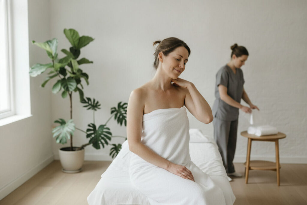 Kvinna i vit handduk sitter avslappnad på massagebänken och sträcker på nacke och axel efter en djupgående massage, med massageterapeut i grå arbetskläder i bakgrunden
