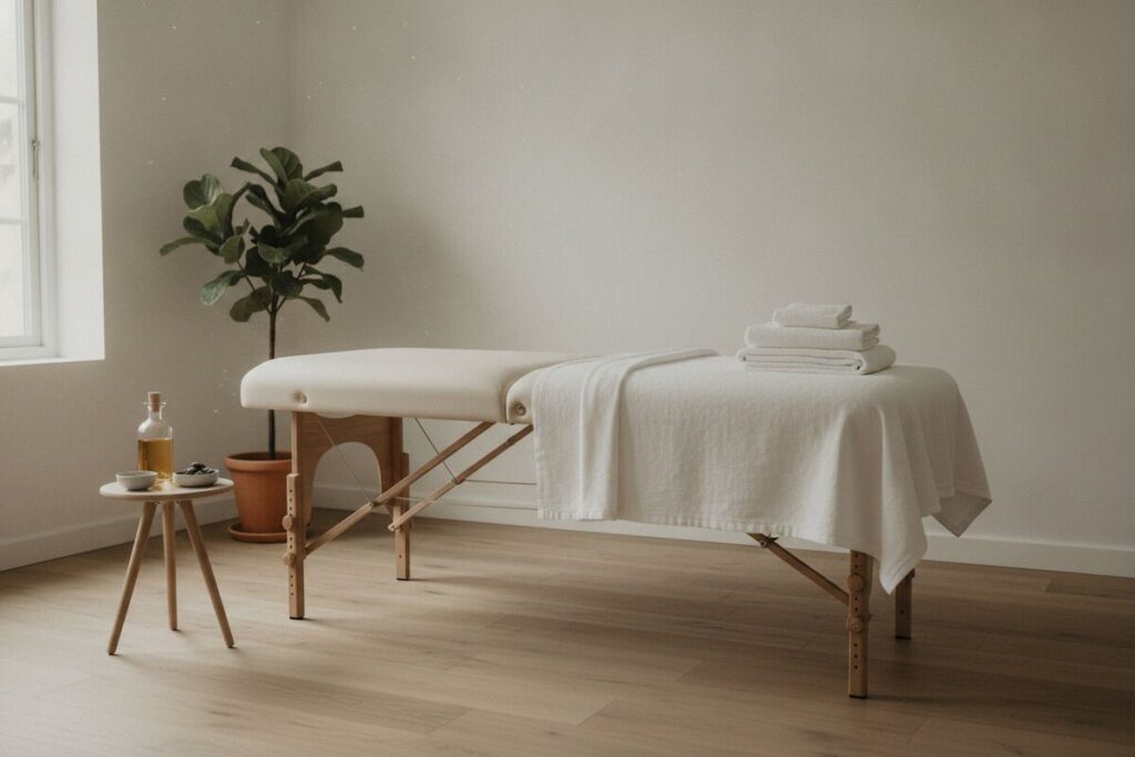 Ljust behandlingsrum förberett för djupgående massage med massagebänk, vitt lakan, vikta handdukar, massageolja och en växt