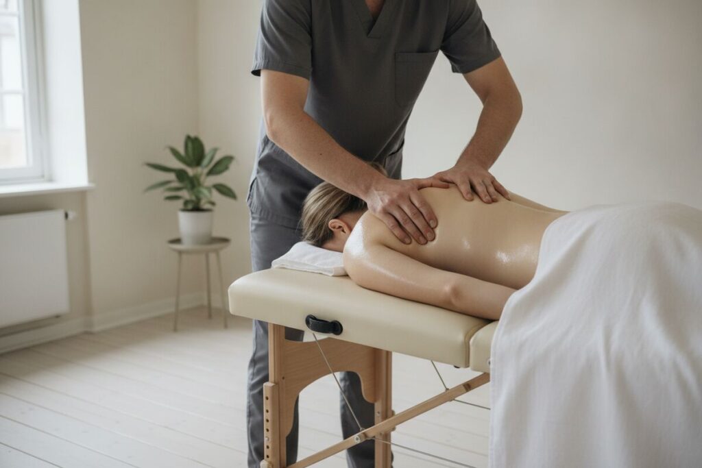 Massageterapeut ger djupgående massage på nacke och axlar till en klient som ligger på mage på en massagebänk