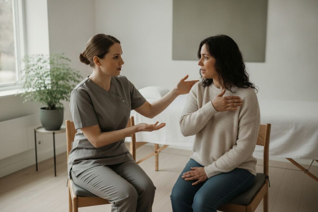 Massageterapeut och klient samtalar sittande i behandlingsrummet och terapeuten visar mot klientens axel före en djupgående massage