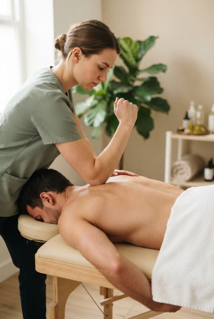 Massör ger djupgående massage med underarmen längs övre ryggen på en man som ligger på mage på massagebänken