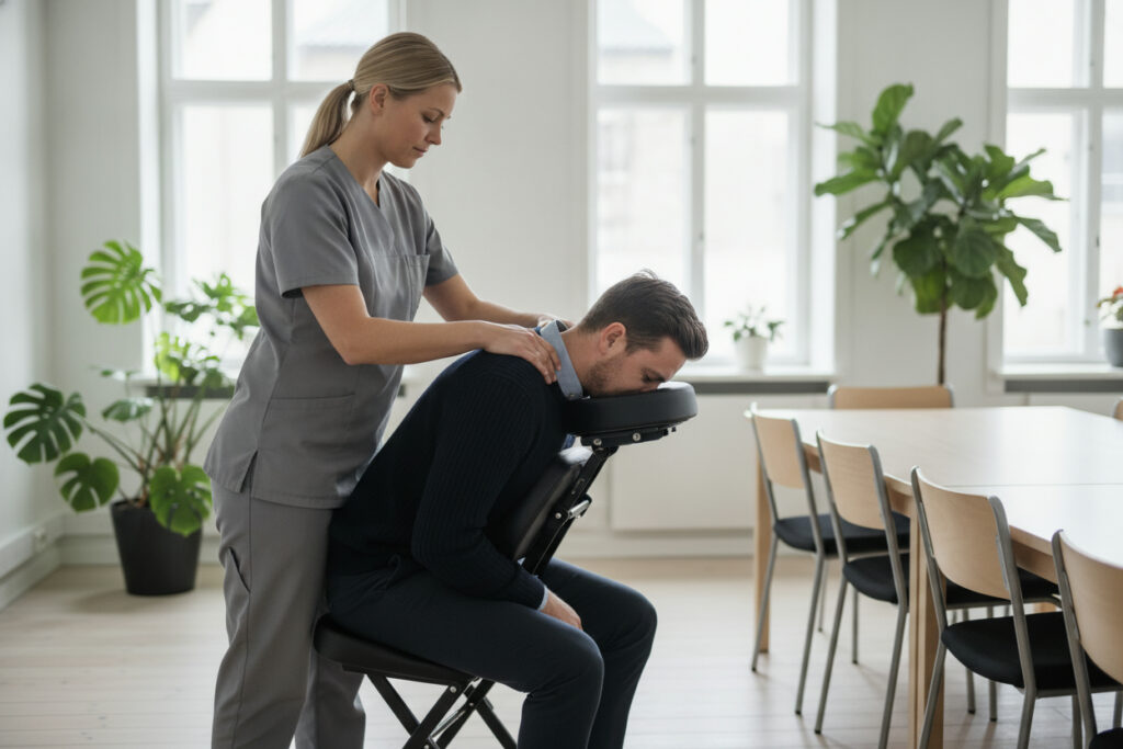Företagsmassage i ett ljust mötesrum där massören masserar nacke och axlar på en anställd som sitter i en massagestol