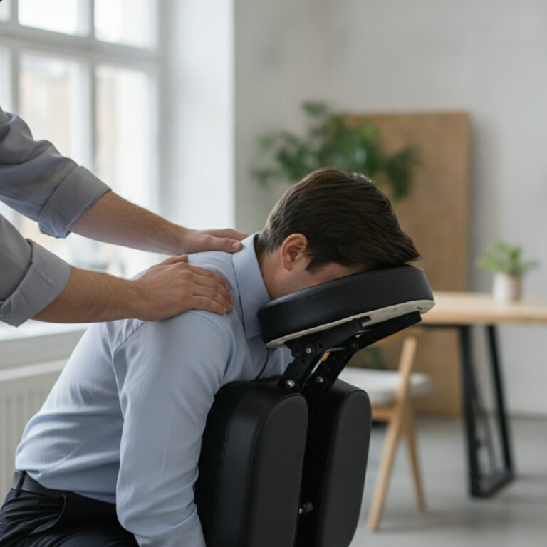 Företagsmassage på kontoret: massörens händer på axlarna hos en man i massagestol