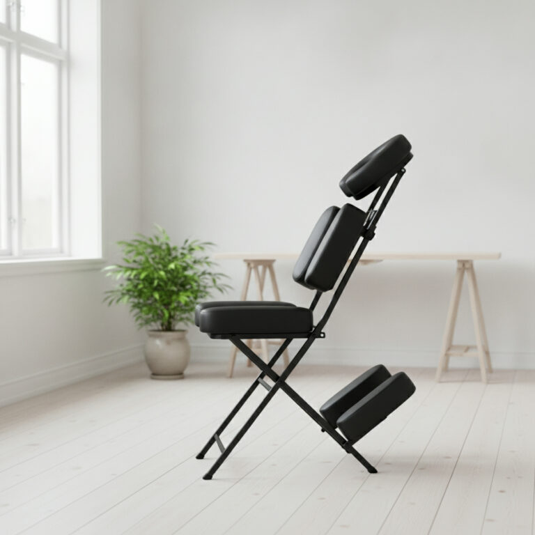 Bärbar massagestol uppställd vid ett fönster i ett ljust rum med skrivbord och krukväxt
