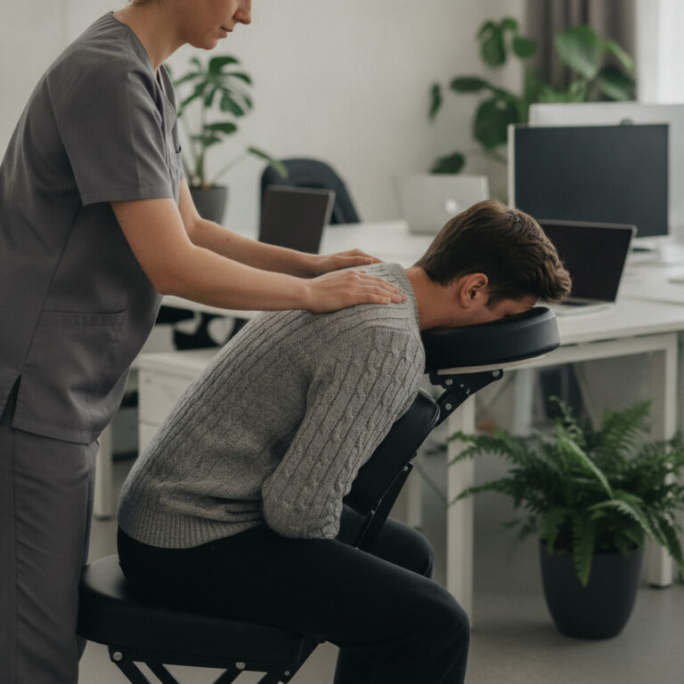 Företagsmassage i Göteborg: massör masserar övre ryggen på en anställd i massagestol
