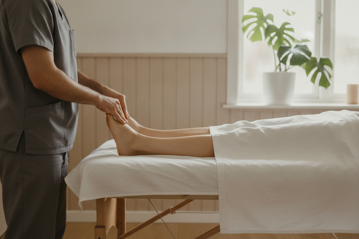 Massör i grå arbetskläder ger fotmassage till en kund som ligger på rygg på britsen