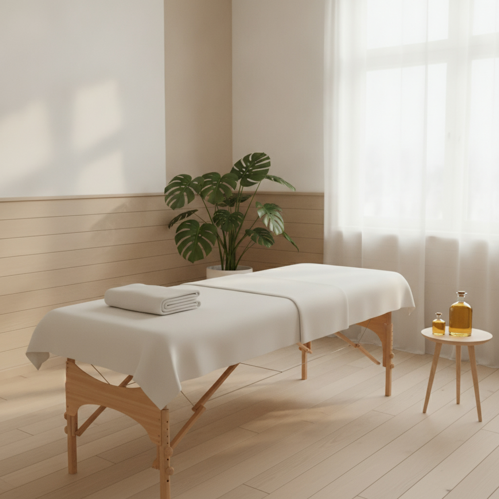 Ljust behandlingsrum förberett för fotmassage med brits, vitt lakan, vikt handduk och massageolja