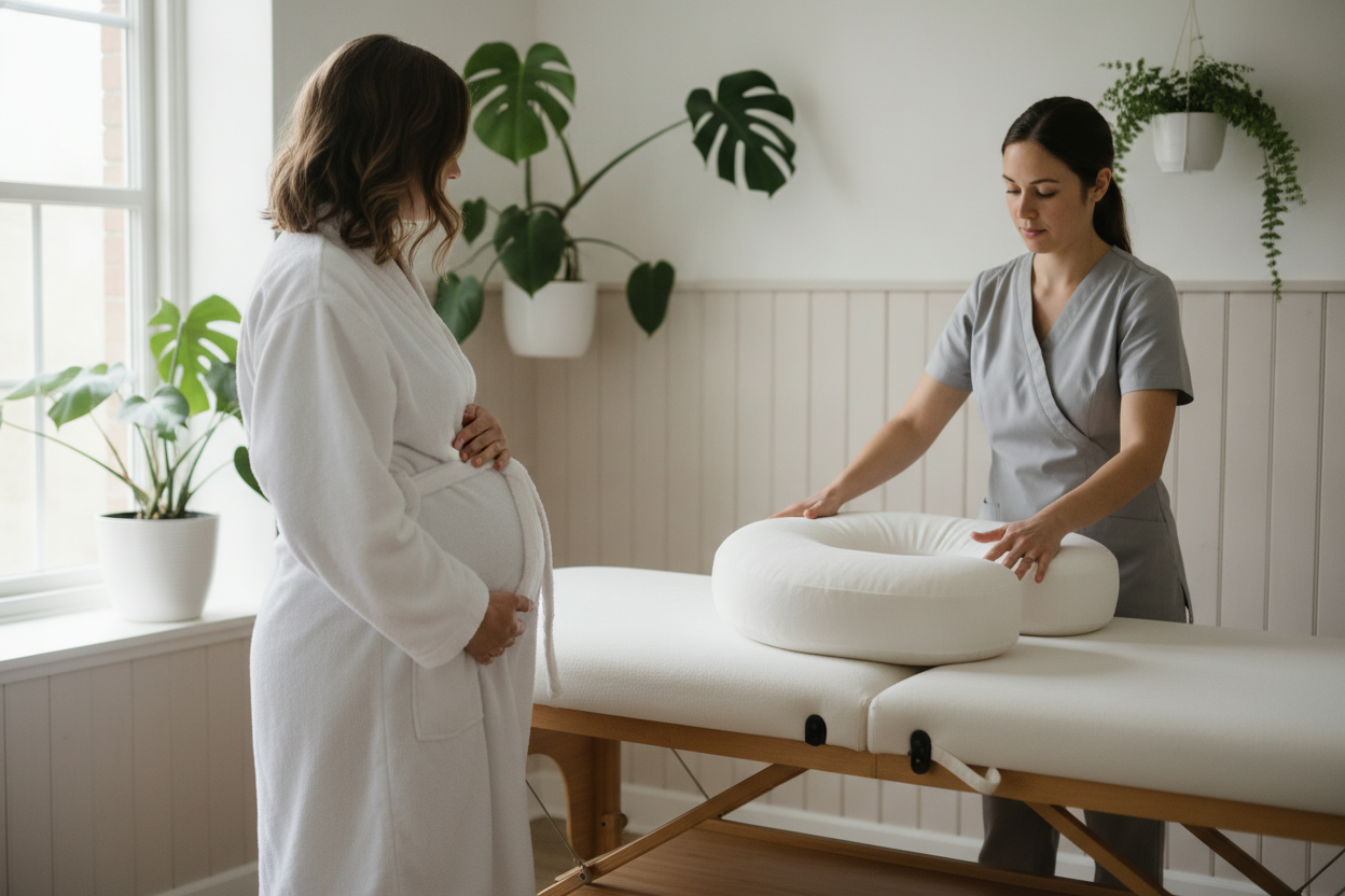 Gravid kvinna i vit morgonrock står vid massagebritsen medan behandlaren gör i ordning en stor vit gravidkudde inför gravidmassage