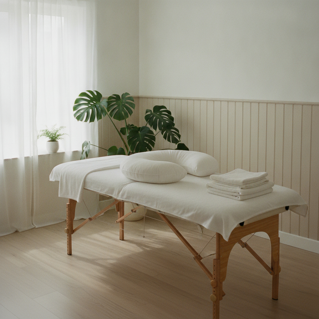 Massagebrits med vitt lakan, en böjd gravidkudde och vikta handdukar inför gravidmassage i ett ljust behandlingsrum