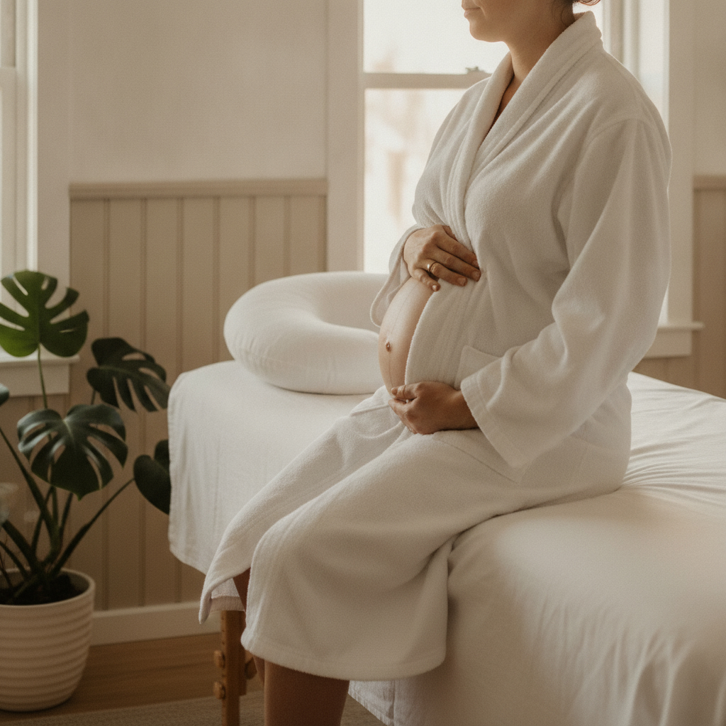 Gravid kvinna i vit morgonrock sitter avslappnad på kanten av massagebritsen med händerna på magen efter gravidmassage
