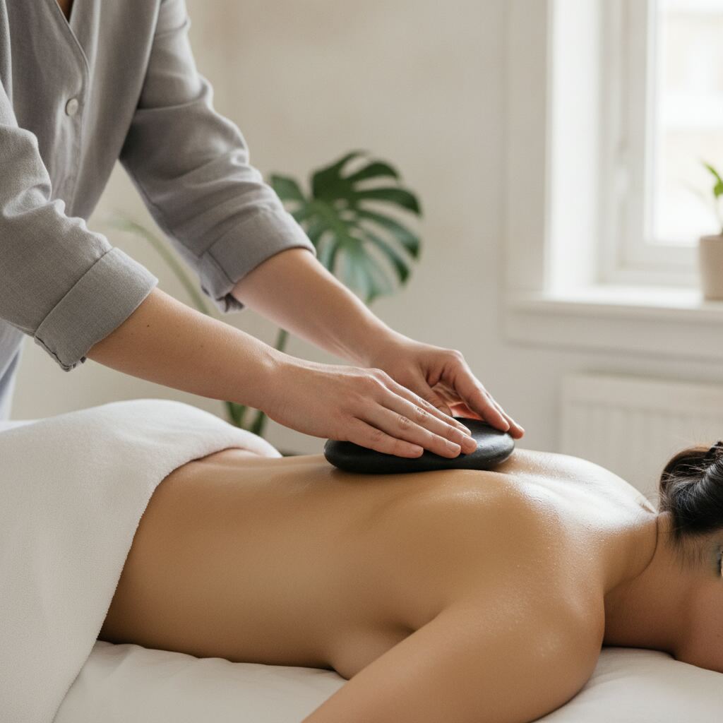 Massör för en mörk basaltsten längs ryggen på en kund som ligger på mage på britsen under hot stone massage