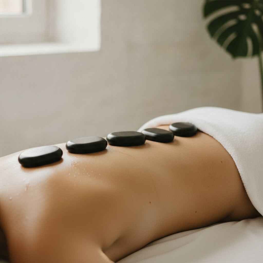 Närbild på fem släta, mörka basaltstenar i en rad längs ryggraden vid stenmassage
