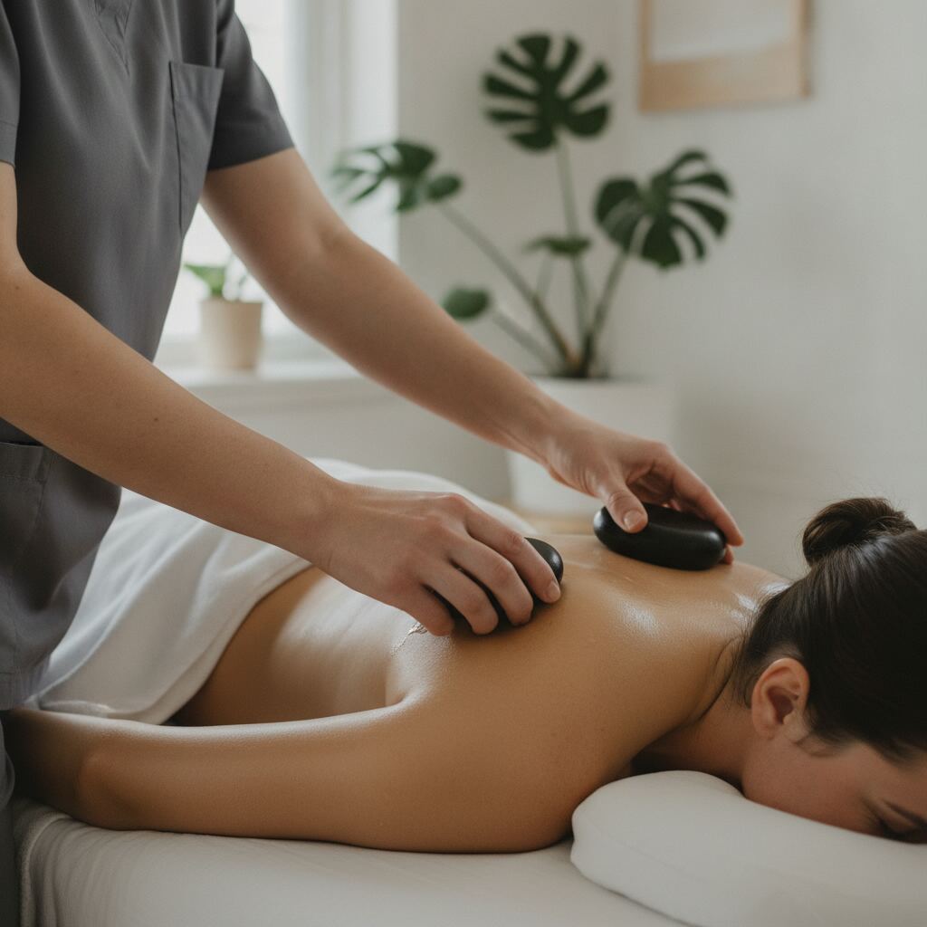 Massör håller en mörk basaltsten i varje hand och masserar axlarna på en kund som ligger på mage under hot stone massage