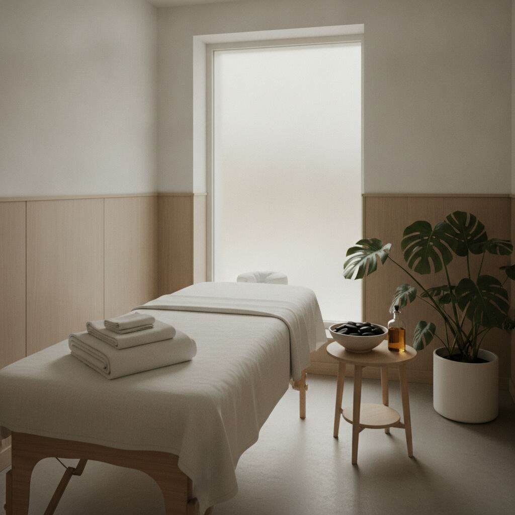Ljust behandlingsrum för hot stone massage med brits med vitt lakan, vikta handdukar, en skål med mörka basaltstenar, massageolja och monstera
