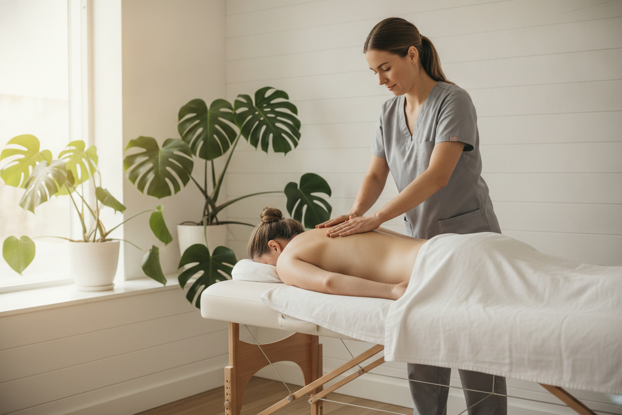 Massör i grå arbetskläder ger klassisk massage på ryggen till en kund som ligger på mage på britsen