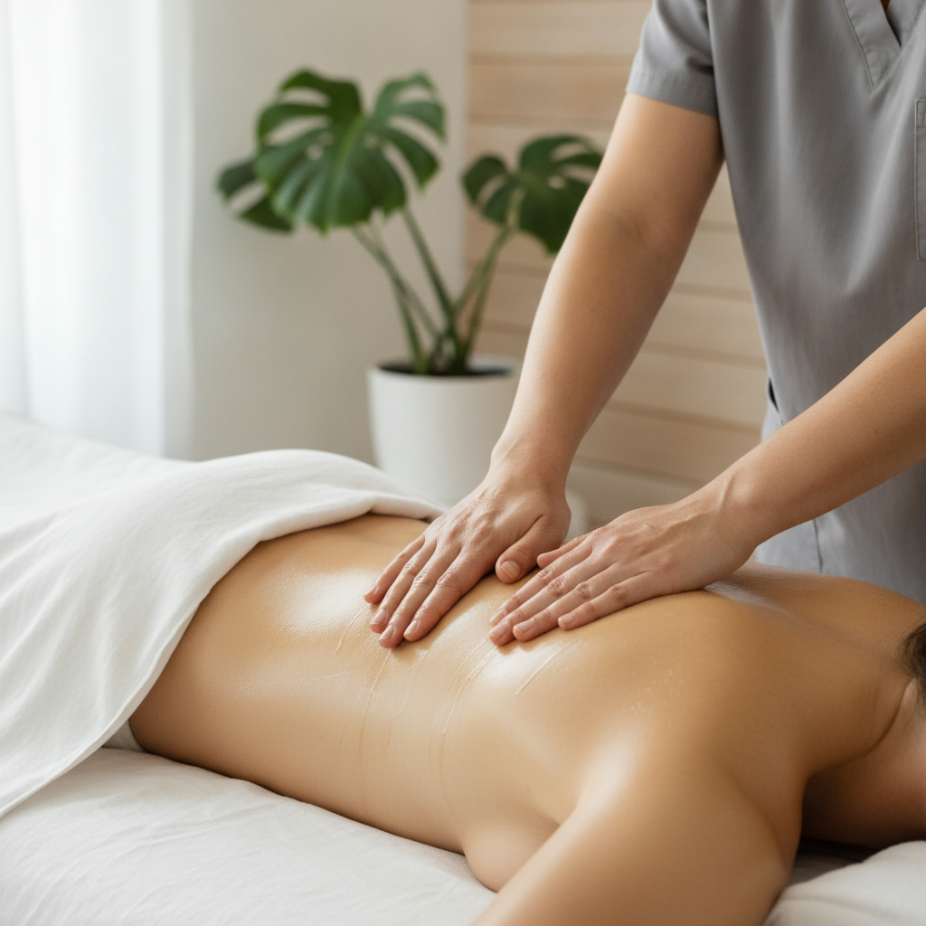Närbild på massörens händer som gör långa strykningar längs ryggen under en klassisk massage