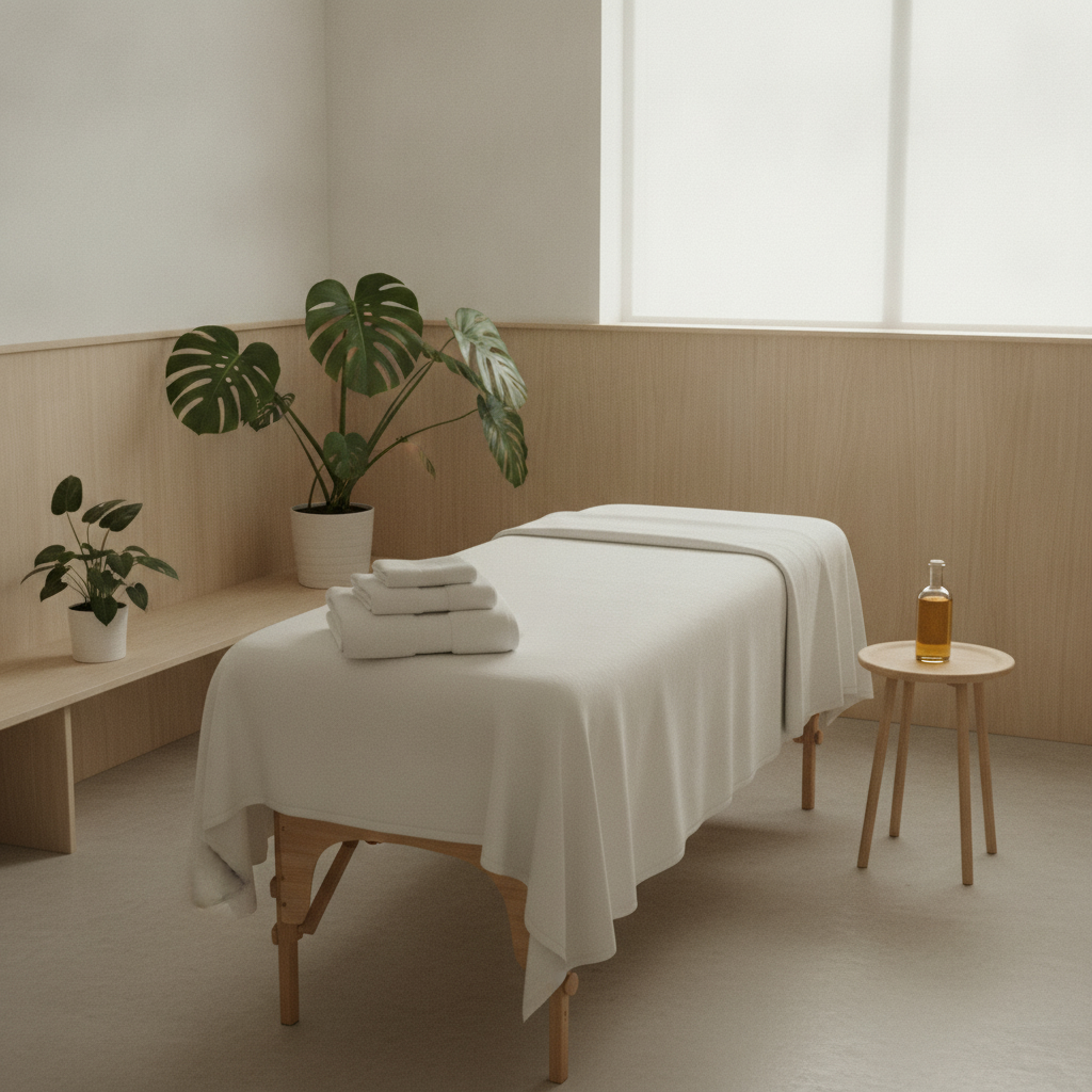 Ljust behandlingsrum för klassisk massage med bädd med vitt lakan, vikta handdukar, massageolja och monstera