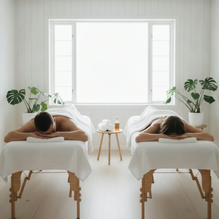 Par vilar på mage under vita lakan på två massagebritsar bredvid varandra i ett ljust rum med växter