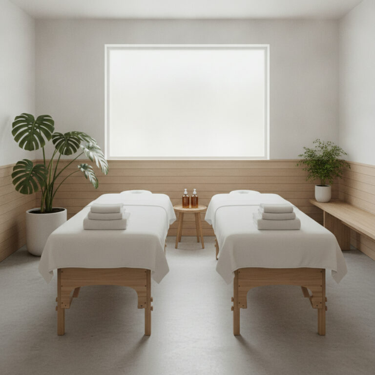 Förberett rum för parmassage med två britsar med vita lakan, vikta handdukar, massageolja och monstera