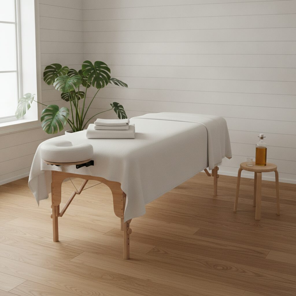 Ljust behandlingsrum med massagebänk med vitt lakan, vikta handdukar, massageolja och monstera