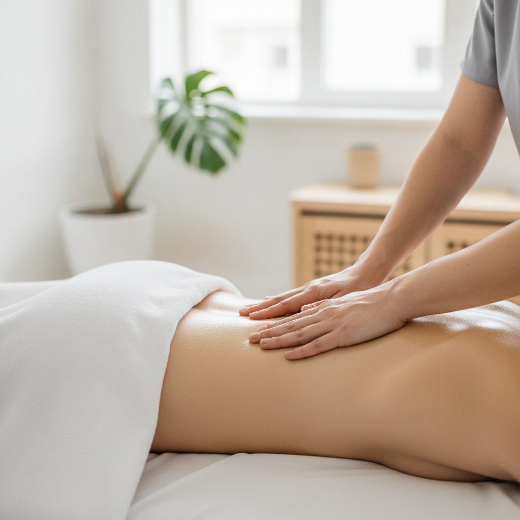 Närbild på massörens händer som masserar ländryggen med olja under en ryggmassage