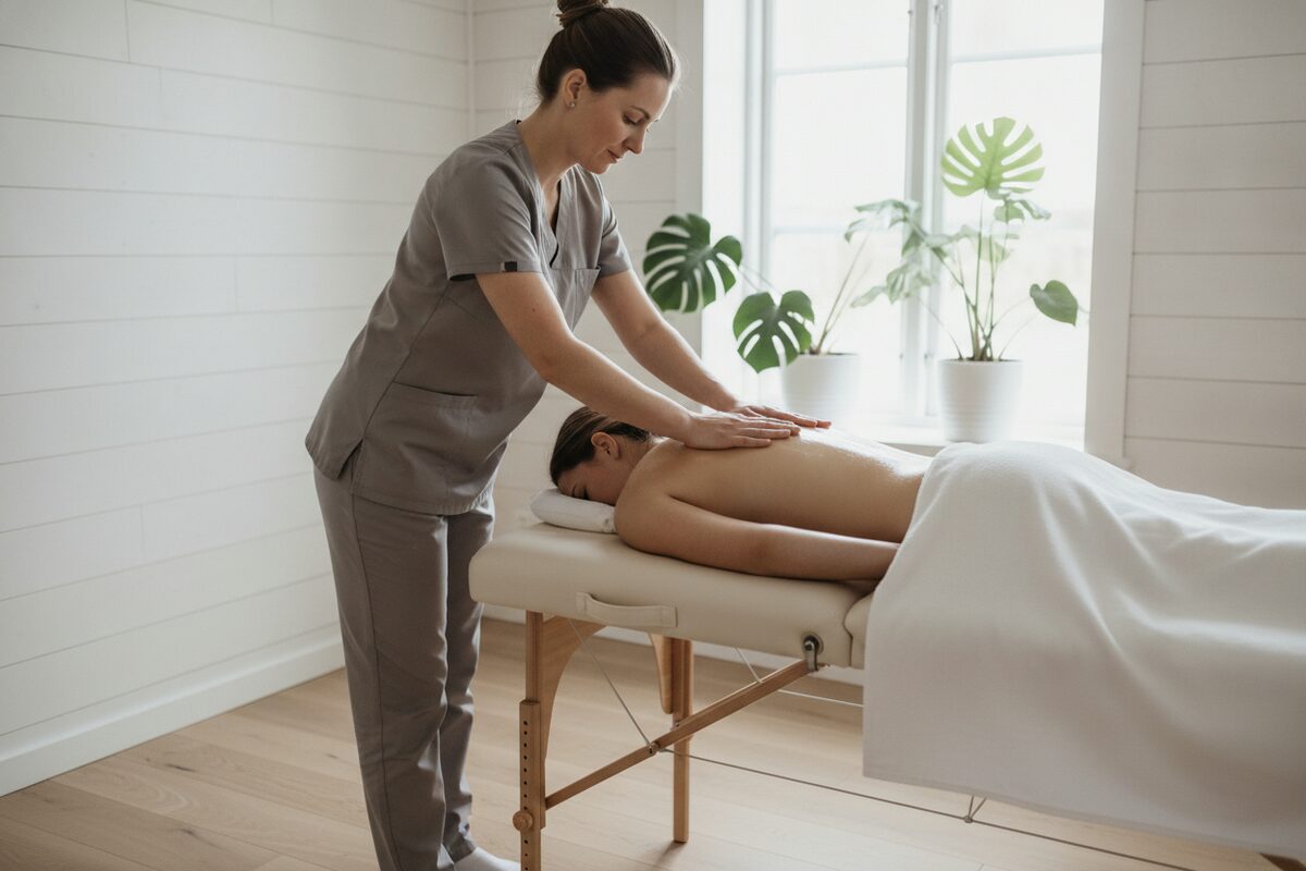 Massör i grå arbetskläder ger ryggmassage till en kund som ligger på mage på massagebänken i ett ljust rum
