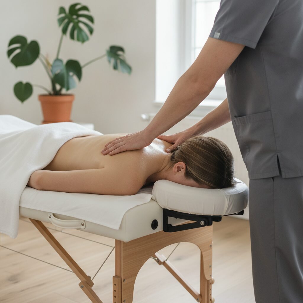 Massör masserar nacke och axlar på en kund som ligger på mage med ansiktet i massagebänkens ansiktsstöd