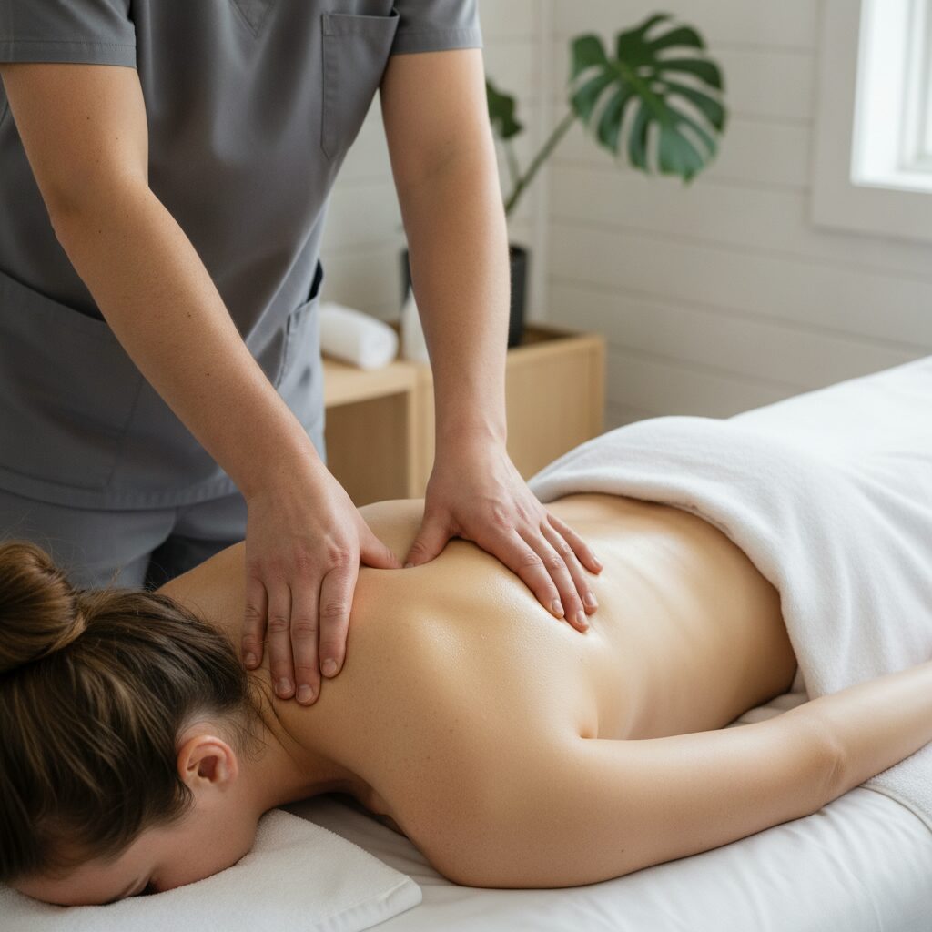 Massör trycker med tummarna mellan skulderbladen på övre ryggen under en ryggmassage