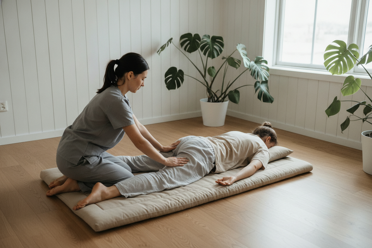 Massör i grå arbetskläder ger thaimassage till en påklädd kund som ligger på en golvmadrass