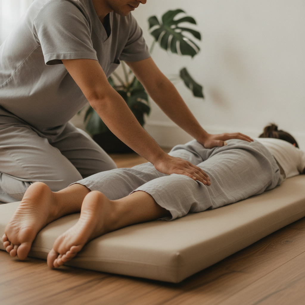 Närbild på massörens händer som trycker på baksidan av låren under en thaimassage