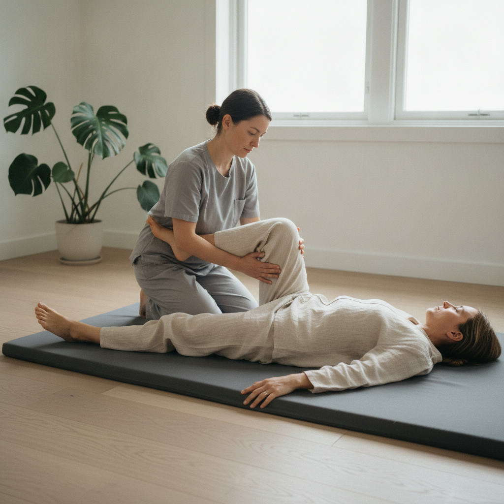 Massör böjer kundens knä mot bröstet under thaimassage på golvmatta i ljust rum
